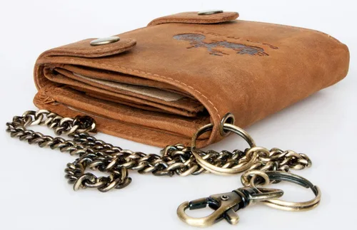 Vista 2 de Born to Ride Biker's RFID Cartera de cuero genuino con cadena de metal con moto, Marrón, Billetera triple