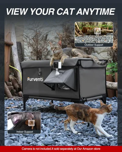 Vista 7 de Casa climatizada para gatos para exteriores, soportes de doble cámara, 100% resistente a la intemperie y extremadamente aislada, refugio elevado