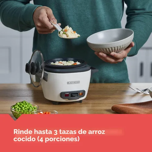 Vista 4 de BLACK+DECKER Olla arrocera de 3 tazas, RC503, 1.5 tazas de arroz crudo, cesta de cocción al vapor, recipiente antiadherente extraíble, un toque