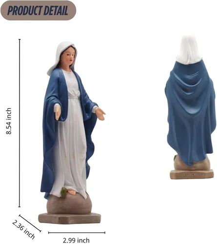 Vista 4 de Estatua de Nuestra Señora de Gracia – Figura de 8.5 pulgadas, decoración religiosa católica de resina para altar del hogar, mesa de oración, Azul