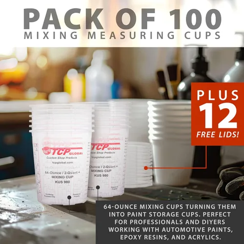 Vista 5 de Custom Shop Vasos para mezclar pintura, 64 onzas (caja de 100) – Vasos medidores de plástico para líquidos, pintura automotriz, resina epoxi, arte