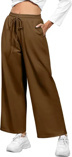 Vista 3 de Locoowai Paquete de 2 pantalones deportivos de pierna recta para mujer, con cordón, cintura elástica, holgados, pierna ancha, pantalones casuales