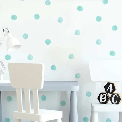 Vista 4 de 6 hojas de 72 calcomanías de pared de lunares verdes menta, acuarela verde menta, calcomanías de pared de arte circular, vinilo extraíble