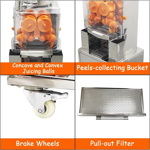 Vista 6 de Exprimidor de naranjas comercial de 120 W, extractor eléctrico automático de cítricos (20 naranjas/minuto) Exprimidor vertical de limón de 110 V
