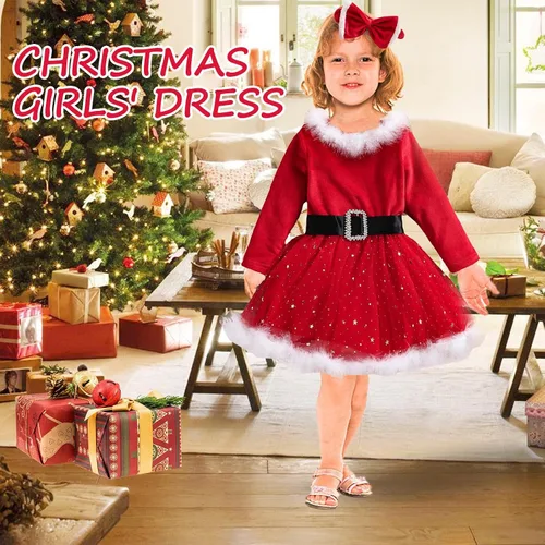 Vista 8 de BBAUER Disfraz de Santa Claus, vestido de manga larga de Xmmas Mrs. Claus, traje de Papá Noel con ribete fruncido, lazo rojo de la señora Claus