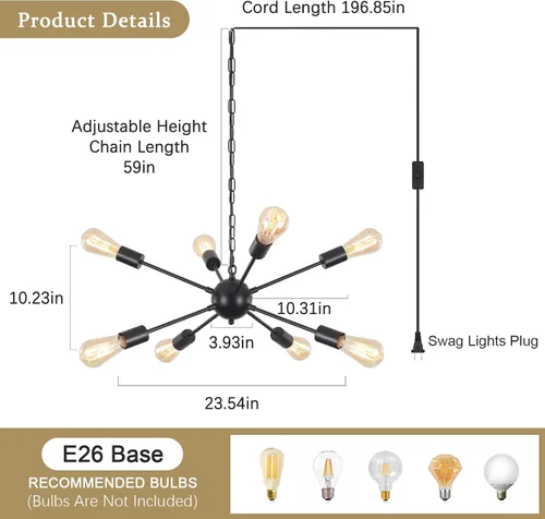 Vista 4 de Candelabro con enchufe de 8 luces negras con cable de luz de encendido/apagado, luces de techo enchufables, cable de 16.4 pies, altura ajustable