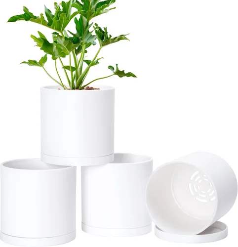 Vista 8 de D'vine Dev - Paquete de 2 macetas de plástico modernas de 4 pulgadas, pequeñas macetas de jardín para plantas con orificios de drenaje y platillos