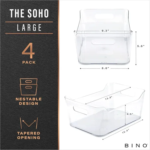 Vista 2 de BINO Contenedores organizadores de plástico, grandes, paquete de 4 de The SOHO Collection Multiusos Contenedores organizadores para despensa