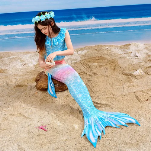 Vista 5 de PURFEEL Disfraz de sirena para niñas, 4 piezas para niños