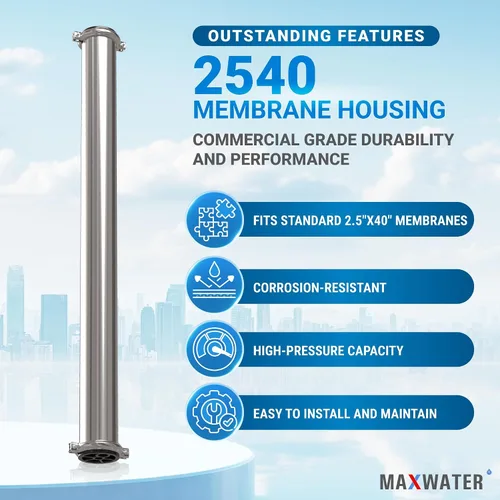 Vista 5 de Max Water Elemento de carcasa de acero inoxidable 2540 de membrana de 2.5" x 40" - Acero inoxidable 304, puertos de alimentación y drenaje NPTF