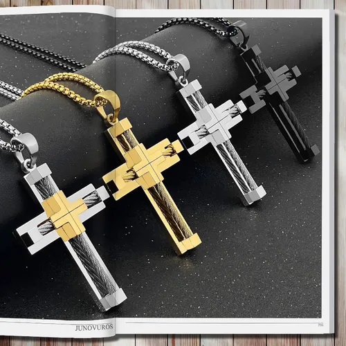 Vista 4 de JUNOVUROS Juego de collar de cruz para hombre grande y pequeño con 5 cadenas Rolo y 1 pulsera cubana, regalo de joyería religiosa con cruz