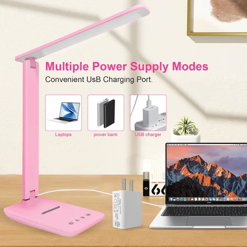 Vista 5 de Lámpara de escritorio LED White Crown, lámpara de mesa regulable, lámpara de lectura con puerto de carga USB, 5 modos de iluminación, control Rosa