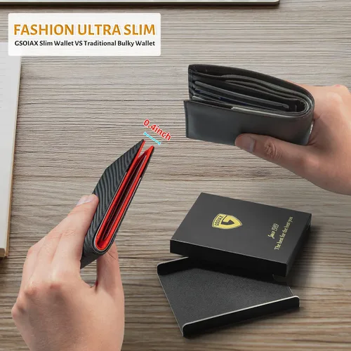 Vista 29 de GSOIAX Cartera delgada de cuero plegable RFID para hombre, billetera minimalista con bolsillo frontal con clip para dinero, 12 ranuras para Negro