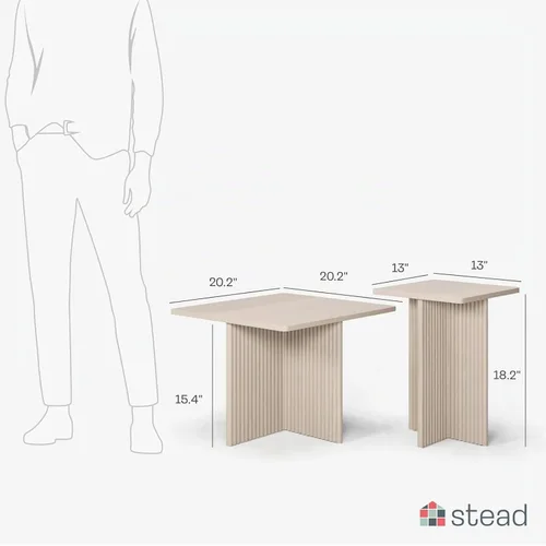 Vista 2 de Stead Juego de mesa auxiliar cuadrada anidable, mesa central con base de roble acanalado para sala de estar, juego de conjunto de chapa de grano