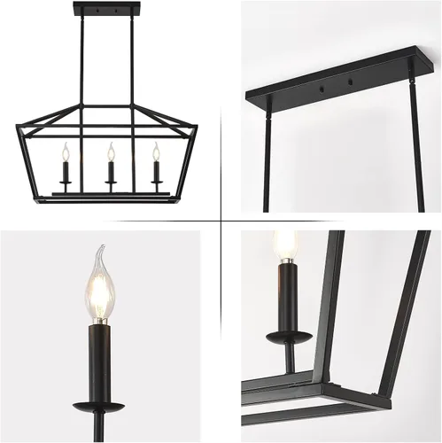 Vista 5 de XILICON Lámparas de Comedor Sobre Mesa, Lámpara de Araña de Granja Negra de 3 Luces, Lámpara Colgante Lineal Industrial Negra, Luces Colgantes