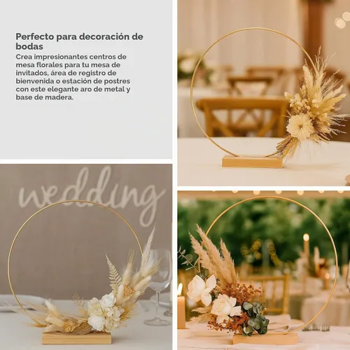 Vista 2 de Paquete de 10 aros florales con soporte de madera de 10 pulgadas, anillos de metal para centros de mesa de bricolaje, decoraciones de mesa Dorado