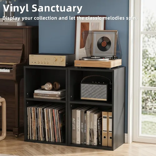 Vista 4 de YAHARBO Estantería de 2 cubos, soporte para tocadiscos negro con almacenamiento de vinilo de hasta 100 álbumes, estante horizontal para libros
