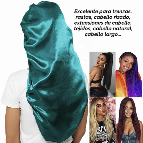 Vista 5 de Wbfwbb - Gorro de seda para mujer, 2 unidades, satén, banda elástica suave, gorro de dormir sedoso, gorro grande para trenzas Negro + Verde