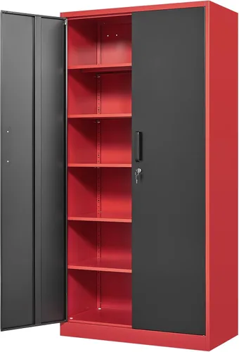 Vista 18 de Yizosh Armario de almacenamiento de metal para garaje con 2 puertas y 5 estantes ajustables, gabinete de archivo de acero con cerradura de 71