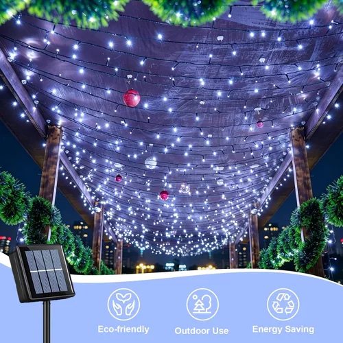 Vista 5 de QITONG Paquete de 2 tiras de luces solares blancas, 100 luces LED solares para exteriores de 33 pies, impermeables, 8 modos, alambre verde, luz