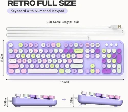 Vista 9 de KNOWSQT - Teclado de computadora con cable, color púrpura, retro, tamaño completo, tapa de tecla redonda, lindo, para enchufar y usar, para Windows