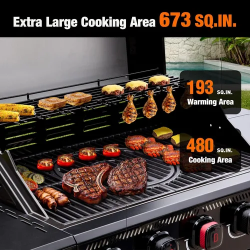 Vista 7 de Brand-Man PRO - Parrilla de gas propano de 5 quemadores, zona de sellado de 14000 BTU con malla infrarroja, rejillas y plancha de hierro fundido