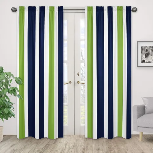 Vista 2 de Sweet Jojo Designs Paneles de tratamiento de ventanas azul marino, verde lima y blanco para colección de rayas, juego de 2