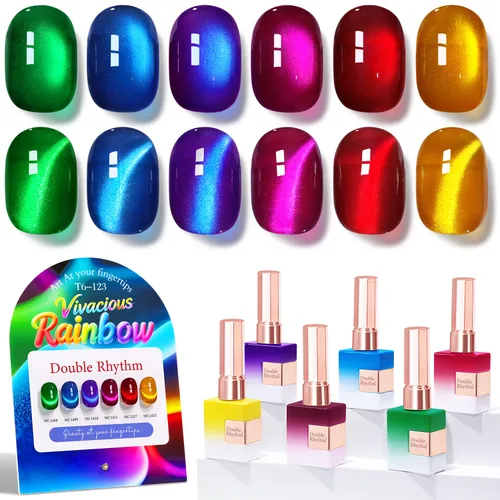 Vista 46 de Double Rhythm - Juego de esmalte de uñas de gel ojo de gato de 6 unidades, mismo color, misma botella, 14.8 ml, brillo con glitter, con imán Aurora