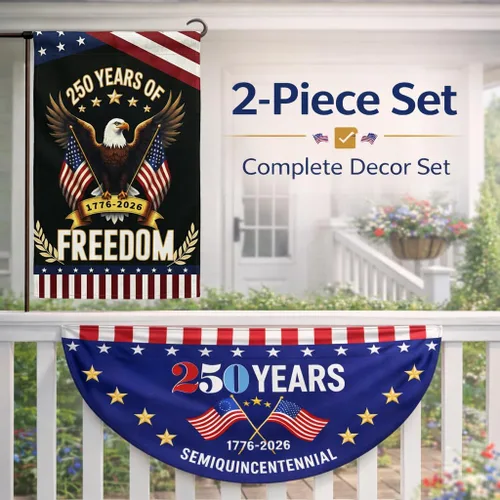 Vista 2 de [Juego de 2] Bandera de Estados Unidos de 250 aniversario, 2 unidades, bandera de jardín estadounidense, diseño de águila patriótica de doble cara