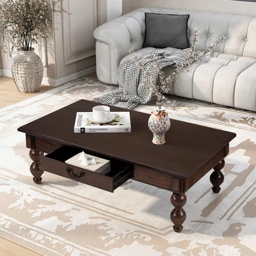 Vista 2 de Homora Mesa auxiliar rectangular de madera con cajón de almacenamiento, mesa de cóctel vintage con patas de madera maciza en forma de calabaza, mesa