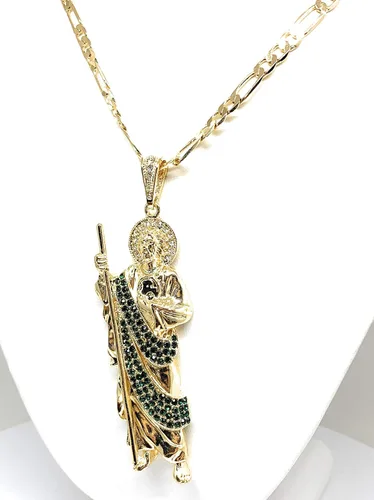 Vista 5 de Fran & Co. Jewelry Collar con colgante de San Judas grande XL verde chapado en oro Figaro 26" San Judas Tadeo Medalla Cadena Oro Laminado,