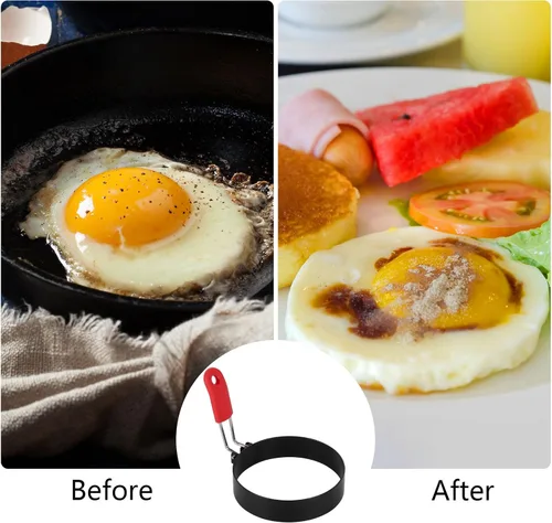 Vista 2 de 6 anillos de huevo de 3.5 pulgadas con mango de silicona, molde redondo para panqueques con cepillo de aceite de silicona para freír huevos