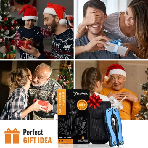Vista 5 de Práctico relleno de calcetín navideño para hombres, papá, esposo Navaja de bolsillo multiherramienta 15 en 1 y alicates Regalo compacto EDC