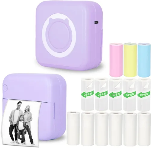 Vista 8 de Mini Impresora Térmica de Pegatinas sin Tinta con 14 Rollos de Papel, Compatible con iPhone/Teléfono Android/Tableta, Mini Impresora de Bolsillo