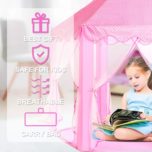 Vista 4 de wilwolfer tienda de campaña tipo castillo de princesa para niñas, tienda de campaña hexagonal grande para jugar, casa de juegos con luces de Rosa