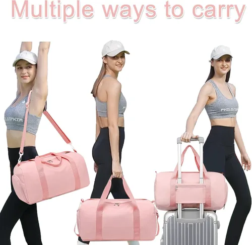 Vista 2 de Bolsa de viaje deportiva para gimnasio para hombres y mujeres con compartimento para zapatos, bolsillo húmedo, Rosa (Pure Pink), Bolsa de gimnasio