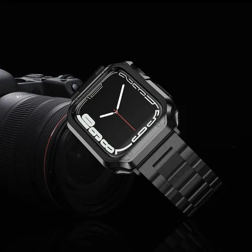 Vista 8 de Compatible con Apple Watch Banda y Estuche, Cadena de Metal de Acero Inoxidable con Cubierta de TPU, Correa de Pulsera de Eslabones