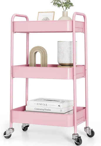 Vista 8 de TOOLF Carrito de metal de 3 niveles con ruedas, carrito organizador de almacenamiento para cocina, baño, oficina, artículos esenciales para bebés
