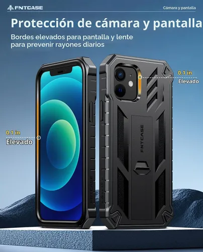 Vista 8 de FNTCASE - Funda para iPhone 12 con protector de pantalla integrado y soporte 20FT Military-Grade Drop Protection, Anti-Slip Matte Textured, Rugged