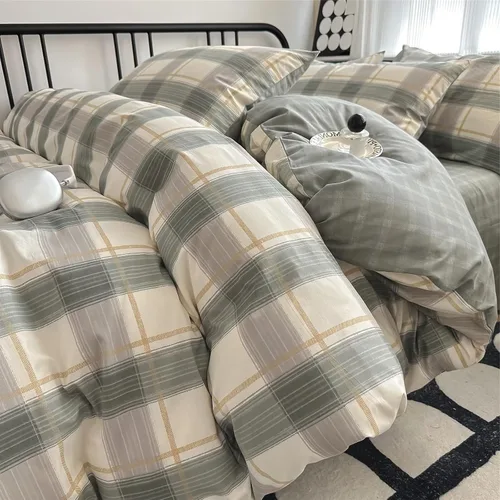 Vista 30 de VM VOUGEMARKET - Juego de funda de edredón a cuadros de tamaño individual XL, ropa de cama de color verde, gris y naranja, algodón lavado, con 2