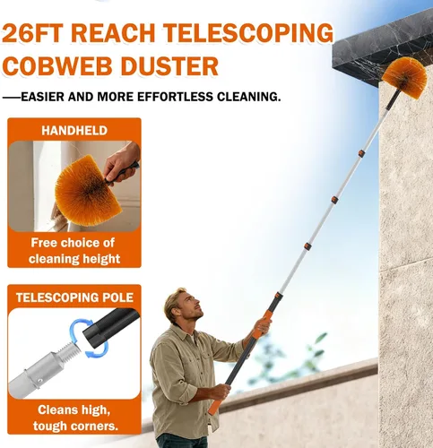 Vista 8 de Buyplus Plumero de telaraña de alcance de 26 pies, cepillo limpiador de telaraña para exteriores con poste de extensión profesional de 5 a 20 pies