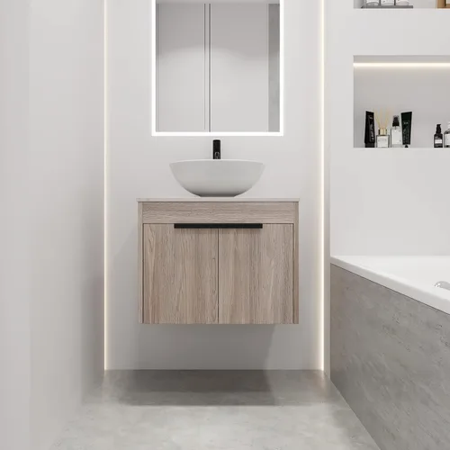 Vista 3 de Conjunto de lavabo de baño flotante de diseño moderno de 24 pulgadas, juego de lavabo de cerámica para armario de baño, tocadores de baño montados