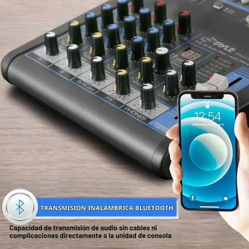 Vista 3 de Pyle Mezclador de Audio Profesional Placa de Sonido Consola del Sistema - 4 Canales - Bluetooth - Entrada USB MP3 para Computadora - 48V Phantom