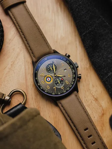 Vista 5 de Reloj analógicoAV-4011Hawker Hurricane, con mecanismo de cuarzo japonés, con correa de piel, de AVI-8