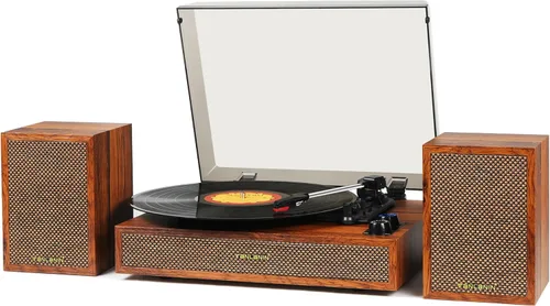 Vista 9 de Tocadiscos de vinilo con altavoces externos, tocadiscos estéreo vintage de 3 velocidades para discos de vinilo, entrada Bluetooth, parada automática