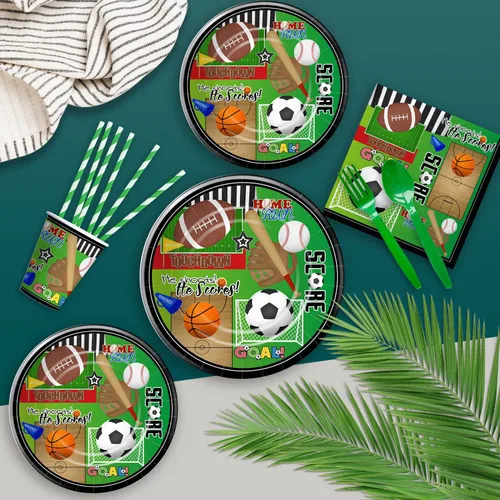 Vista 4 de Xigejob Artículos para fiestas de cumpleaños con temática deportiva, platos, vasos, servilletas, mantel, cubiertos, pajitas, fútbol, baloncesto
