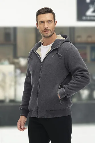 Vista 6 de MAGCOMSEN Chaqueta Sherpa con capucha de forro polar para hombre, con cremallera completa, cálida, mullida, resistente al viento, abrigos