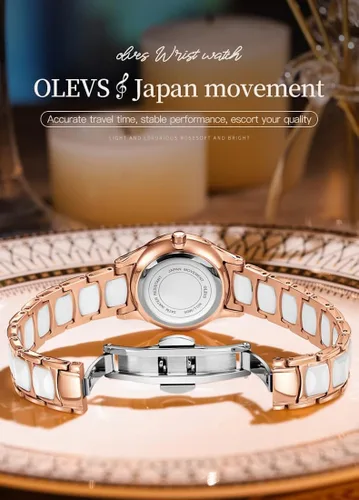 Vista 4 de OLEVS Relojes para mujer, oro rosa, de dos tonos, de moda, de cerámica, blanco, esfera rosa, roja, acero inoxidable, fecha impermeable