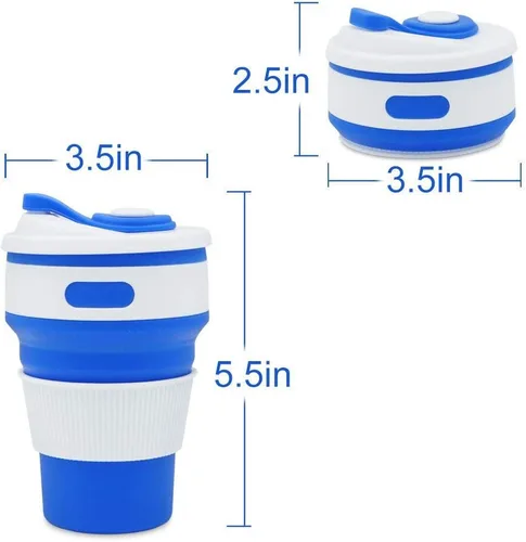 Vista 3 de Fullgaden Taza de viaje plegable de silicona, taza portátil con tapa, agua, café, coca cola y aperitivos para senderismo, campamento, picnic, azul