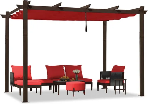 Vista 37 de PURPLE LEAF Pérgola de 10 x 12 pies con toldo retráctil, pérgola cuadrada de bronce de aluminio para patio al aire libre, junto a la piscina, beige